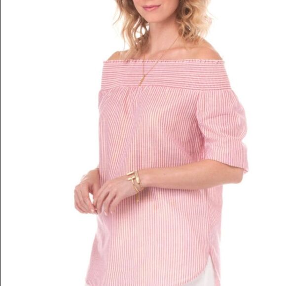 MICHAEL MICHAEL KORS orange & gold thread pinstripe off shoulder linen blend top - Picture 2 of 9